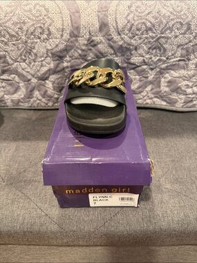Madden Girl Black Slide Sandals with Gold Chain Accent